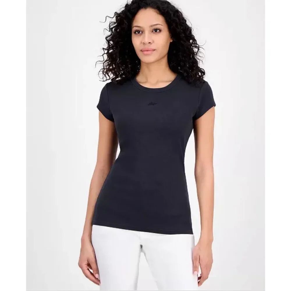 BOSSโOrange Ribbed Open-Back Short-Sleeve Tee Jersey Top Black XS